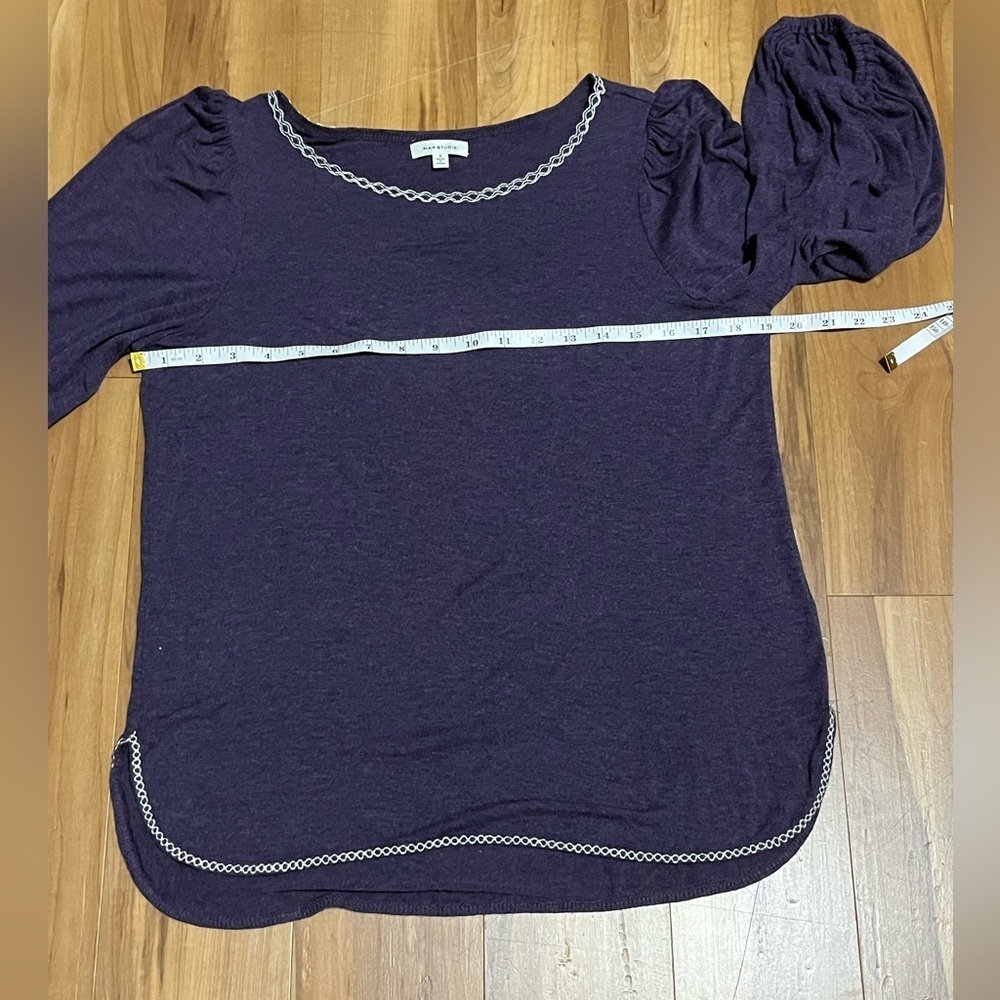 Max Studio Purple Knit Top | Puff Sleeves | Contrast Trim | Size S - Picture 9 of 10